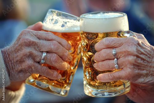 Oktoberfest Cheers: Elderly Couple Clinking Beer Mugs. A touching close-up of an elderly couple's hands, clinking their beer mugs together in celebration at Oktoberfest, rings glistening on their fing photo