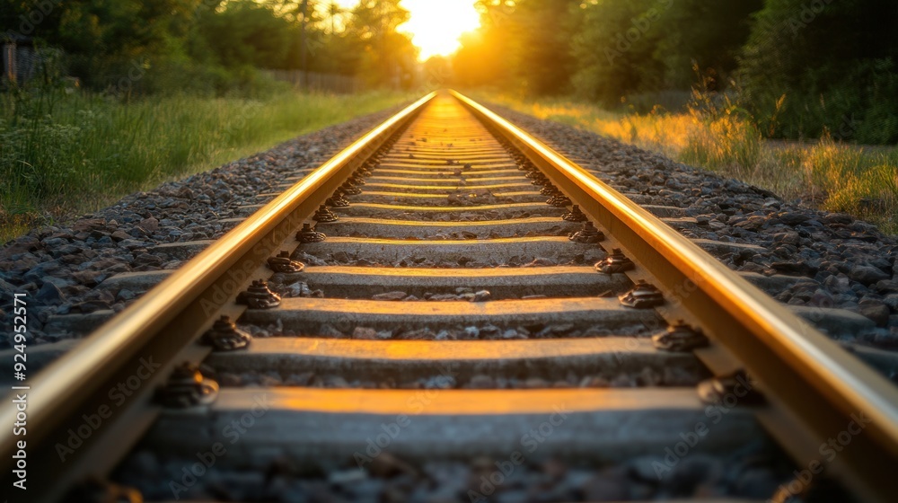 Fototapeta premium Train Tracks Leading Towards Golden Sunset