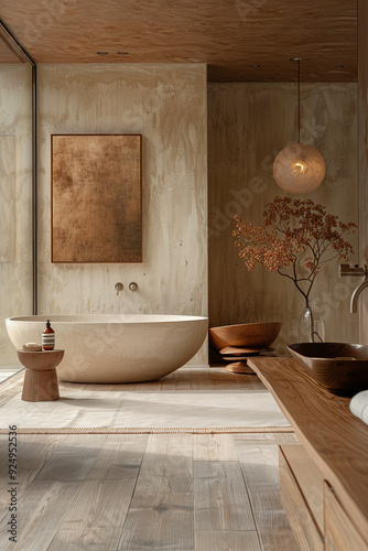 A bathroom with warm bronze tones and natural wood elements, highlighted by a smooth, stone bathtub and minimalist decor.