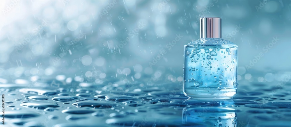 Damp bottle of cosmetic serum on a light blue backdrop. with copy space image. Place for adding text or design Damp bottle of cosmetic serum on a light blue backdrop. with copy space image. Place for adding text or design