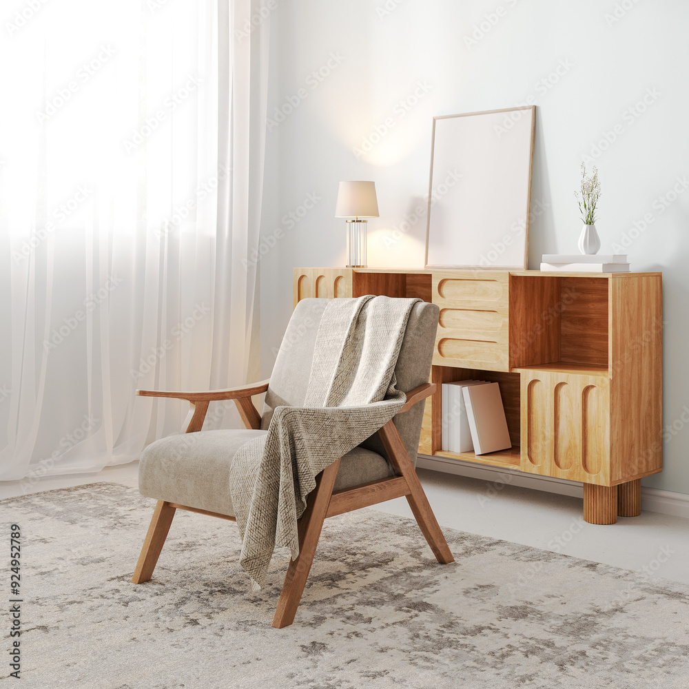 Fototapeta premium Modern living room interior background, armchair with frame mock up on cupboard, 3d render
