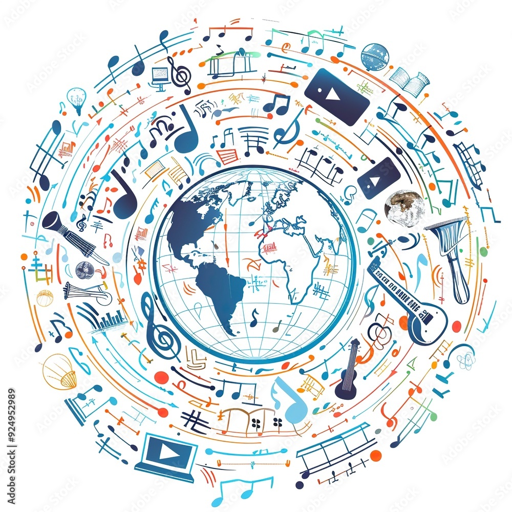 a globe surrounded by connected music notes and musical instruments, vector style, single color, simple lines ,generative ai a globe surrounded by connected music notes and musical instruments, vector style, single color, simple lines ,generative ai