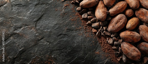 Raw cocoa beans on a dark s...