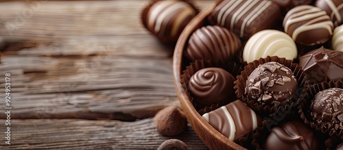 filled dark and milk chocolates on a white wooden table. with copy space image. Place for adding text or design