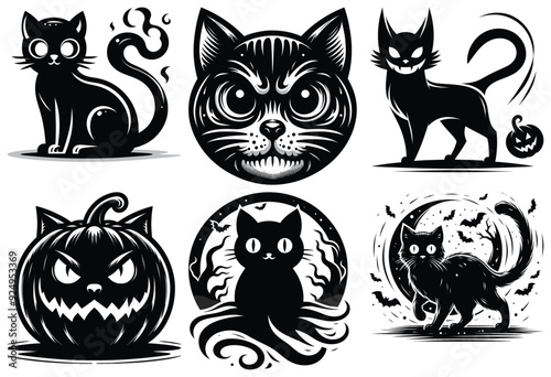 Black cat Halloween vector art, monochrome design for spooky decor and festive promotions