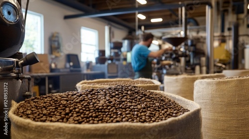 Burlap sacks filled with coffee beans are displayed in a roasting facility as a barista brews espresso.