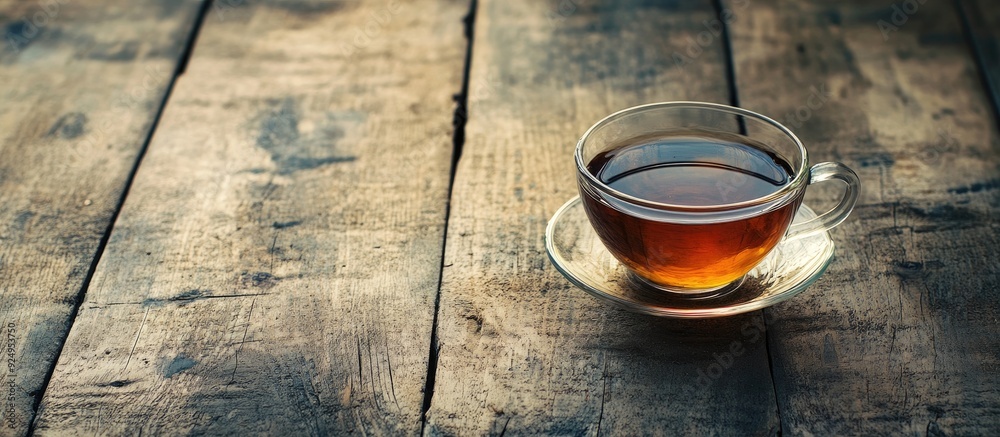 Glass cup of tea on aged wooden surface. with copy space image. Place for adding text or design Glass cup of tea on aged wooden surface. with copy space image. Place for adding text or design