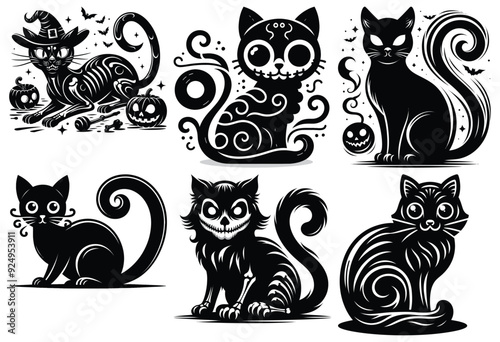 Black mischievous Halloween cats vector illustrations, monochrome, spooky decor