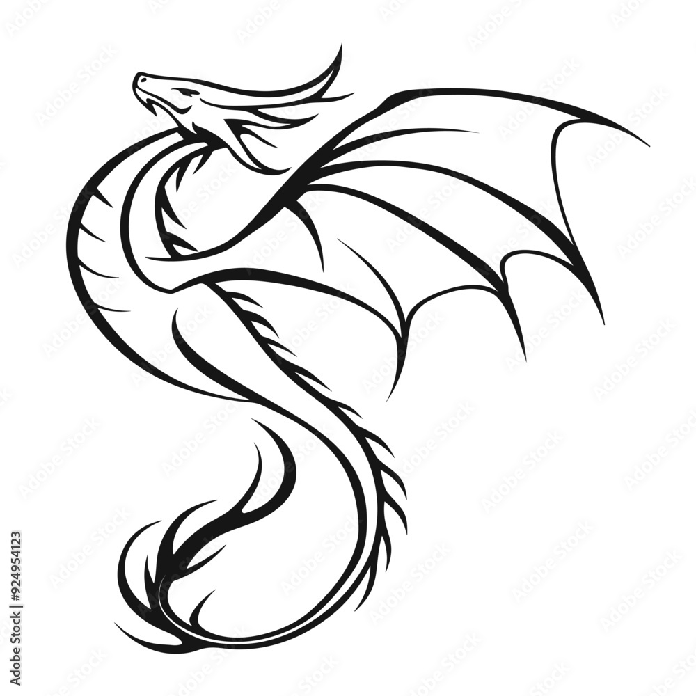 Obraz premium Outline dragon icon. Black and white tribal dragon. Abstract tattoo sketch