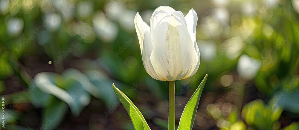 Obraz premium Close up of a white tulip set against a green background. with copy space image. Place for adding text or design