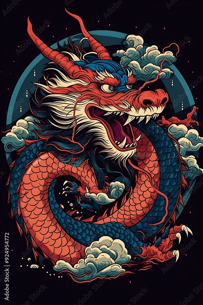 Colorful dragon illustration surrounded by swirling clouds in an artistic style Colorful dragon illustration surrounded by swirling clouds in an artistic style