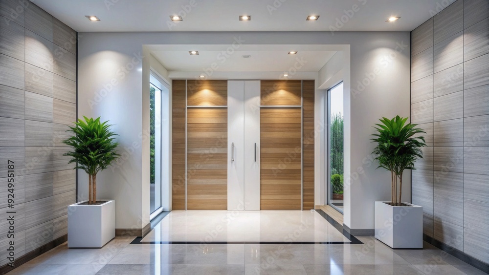 Fototapeta premium Sleek modern interior featuring a bright white wooden double front entrance door with horizontal panels and stainless steel door handles in a minimalist foyer.