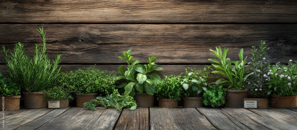 Gardening ethnoscience and organic concepts clusters of greens spices or medicinal herbs with name labels on a wooden backdrop. with copy space image. Place for adding text or design