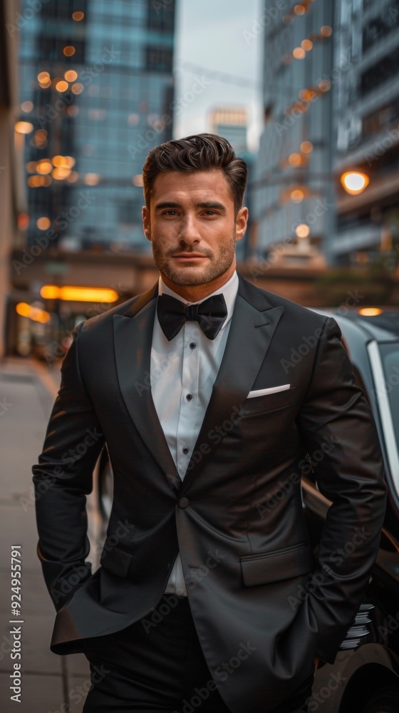Man in a black-tie tuxedo posing confidently in a dynamic city setting with skyscrapers in the background, exuding sophistication and modern style. Man in a black-tie tuxedo posing confidently in a dynamic city setting with skyscrapers in the background, exuding sophistication and modern style.