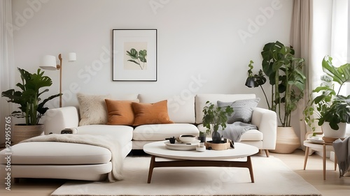 Modern Scandinavian interior design is typified by a sophisticated living area with a plush sofa, furnishings from the mid-century, a warm carpet, white walls, and houseplants. photo