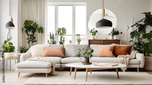 Modern Scandinavian interior design is typified by a sophisticated living area with a plush sofa, furnishings from the mid-century, a warm carpet, white walls, and houseplants. photo