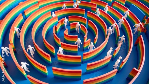 A colorful 3D illustration of miniature figures navigating a maze made of rainbow stripes