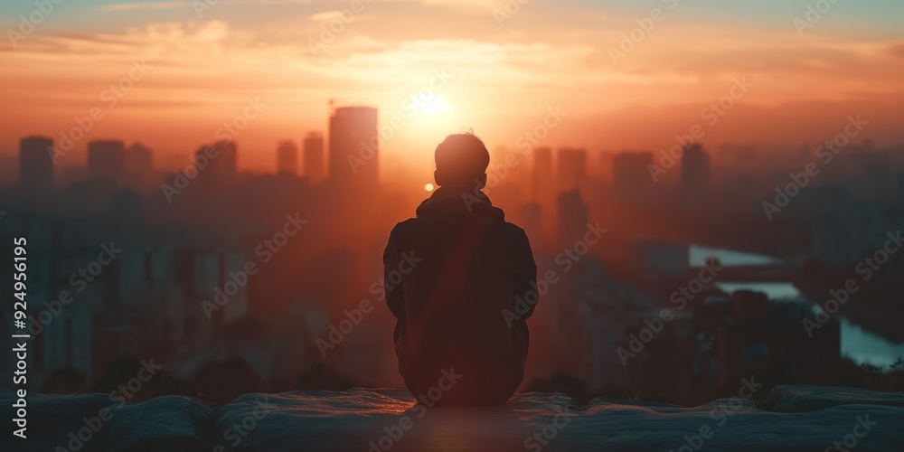 A man sits in solitude, silhouetted against the skyline of a city at sunset, evoking a contemplative and serene mood. A man sits in solitude, silhouetted against the skyline of a city at sunset, evoking a contemplative and serene mood.