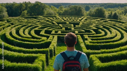 A person stands before an intricate garden maze photo