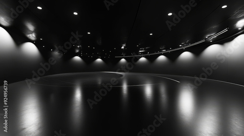 A 360-degree full panorama of a black minimalistic studio environment, featuring bright lights and reflections. The 3D render includes HDRI (High Dynamic Range Imaging) for virtual reality or HDR. photo