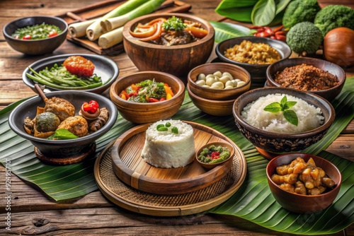 Traditional Solo-style cuisine from Surakarta City, Central Java, Indonesia, featuring authentic dishes on a wooden table, showcasing local flavors and cultural heritage.