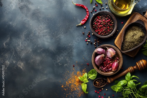 A dark-toned kitchen setting that showcases spices, garlic, and herbs, embodying a rich and rustic cooking style.