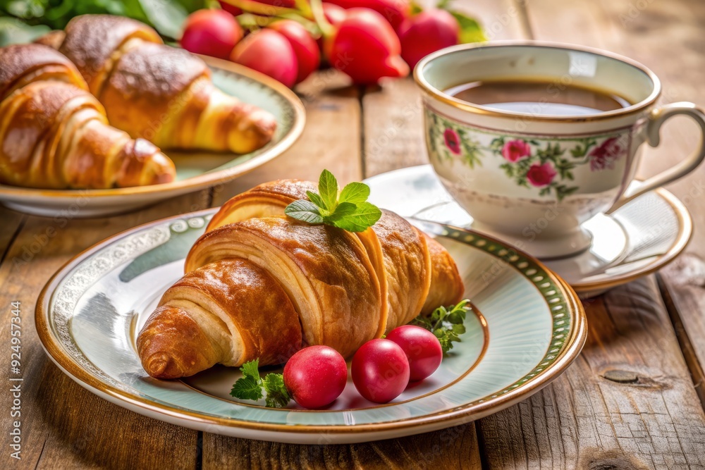 crackle glazed ceramic plate fresh radish slice golden buttery croissant crust soft morning light delicate china cup classic french breakfast style crackle glazed ceramic plate fresh radish slice golden buttery croissant crust soft morning light delicate china cup classic french breakfast style