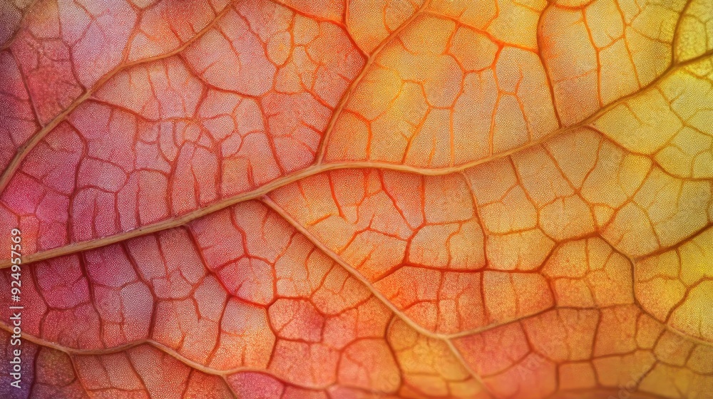 Fototapeta premium Close-up of a vibrant leaf showcasing intricate textures and colors, perfect for nature and abstract backgrounds.