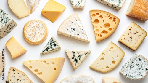 Assortment of Cheeses on White Background - A variety of cheeses, including brie, cheddar, blue cheese, and Swiss, are arranged on a white background, symbolizing diversity, flavor, and indulgence.