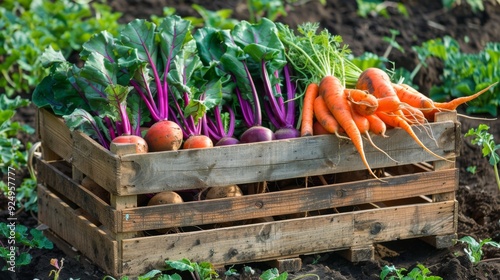 A wooden crate brimming with freshly harvested vegetables, including vibrant carrots, beets with greens still attached, placed in a lush farm field, showcasing the bounty of nature. photo