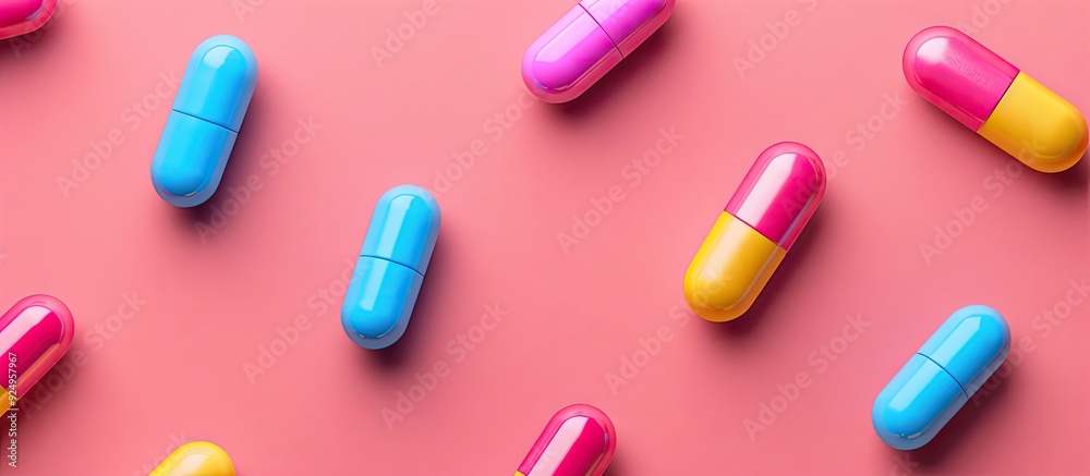 multicolored capsules and pills on a pink backdrop. with copy space image. Place for adding text or design multicolored capsules and pills on a pink backdrop. with copy space image. Place for adding text or design