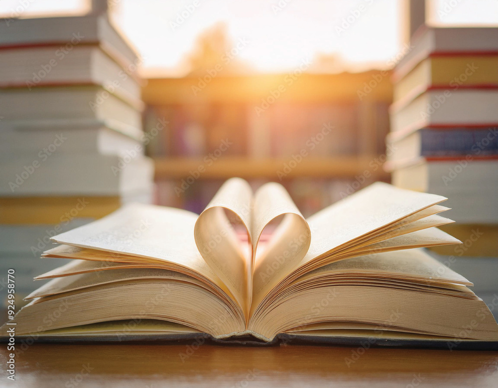 Fototapeta premium An open book with pages folded into a heart shape, surrounded by more books. National Read a Book Day Concept