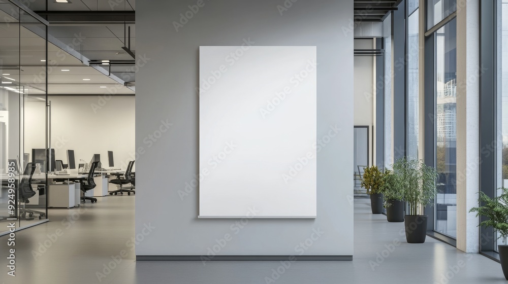 Blank Canvas Mockup in Modern Office Hallway with Large Windows - A blank canvas mockup hangs on a wall in a modern office hallway. The hallway has large windows, providing natural light and a view of Blank Canvas Mockup in Modern Office Hallway with Large Windows - A blank canvas mockup hangs on a wall in a modern office hallway. The hallway has large windows, providing natural light and a view of
