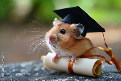 Hamster wearing a graduation cap, holding a diploma, academic achievement photo