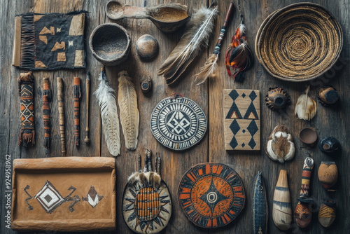 Variety of intricately crafted objects arranged on a weathered wooden surface, celebrating the rich heritage and craftsmanship of native american culture