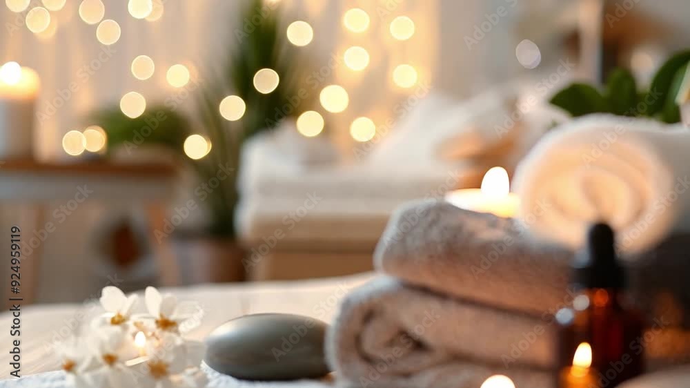 Soft towels and essential oils arranged with candles create a calming atmosphere in a peaceful spa environment. Soft towels and essential oils arranged with candles create a calming atmosphere in a peaceful spa environment.