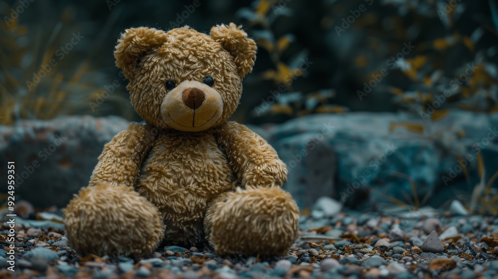 A cute brown teddy bear sits on a gravel path, surrounded by green foliage, representing solitude and the passage of time in a quiet, almost forgotten, natural setting. A cute brown teddy bear sits on a gravel path, surrounded by green foliage, representing solitude and the passage of time in a quiet, almost forgotten, natural setting.
