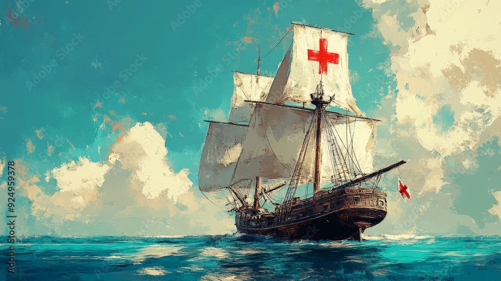 Old Sailing Ship on Turquoise Sea with White Sails Old Sailing Ship on Turquoise Sea with White Sails
