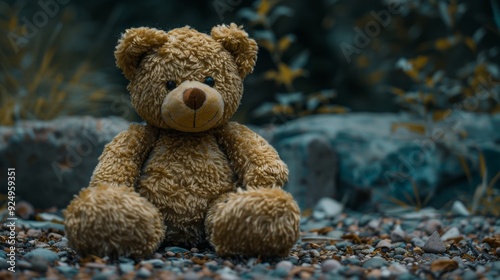 A cute brown teddy bear sits on a gravel path, surrounded by green foliage, representing solitude and the passage of time in a quiet, almost forgotten, natural setting.