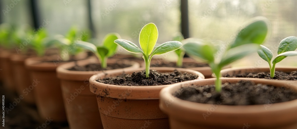 Young Green Sprouts in Clay Pots Young Green Sprouts in Clay Pots