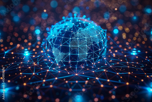 abstract technology background showcases a 3D world globe representing data exchange and network connections, with intricate web-like patterns symbolizing interconnectedness of planet Earth and seaml photo