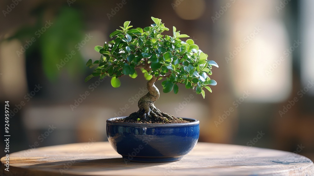Miniature bonsai tree growing in a blue pot on a table Miniature bonsai tree growing in a blue pot on a table