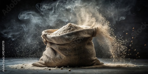 dramatic high contrast black and white portrait of flour dust covering vintage burlap sack on dark stone background photo