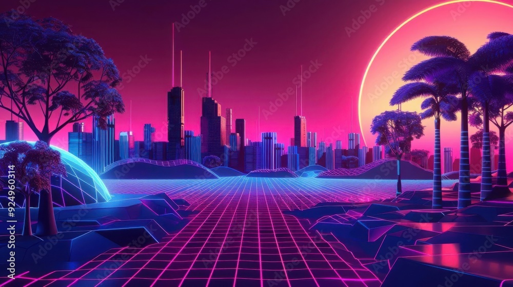 Fototapeta premium Digital landscapes with 80s nostalgic elements, side view, merging vintage vibes with futuristic environments, cybernetic tone, Splitcomplementary color scheme