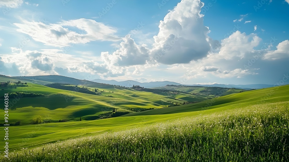 Fototapeta premium Breezy Countryside with Rolling Hills and Scattered Clouds - Serene Pastoral Landscape