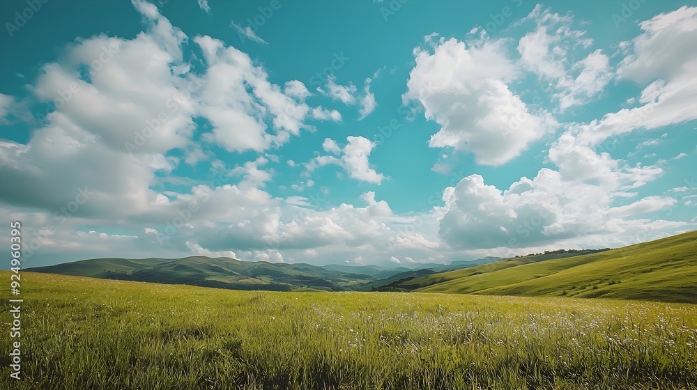 Obraz premium Scenic Countryside with Rolling Hills and Scattered Clouds Under a Tranquil Sky