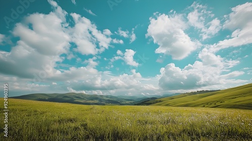 Scenic Countryside with Rolling Hills and Scattered Clouds Under a Tranquil Sky