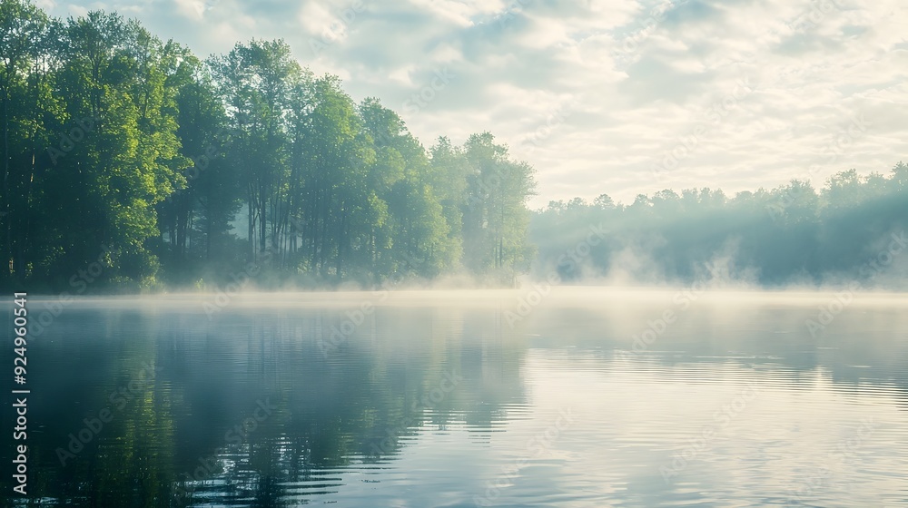Fototapeta premium Early Morning Mist Over Tranquil Lake,Serene Nature Scenery