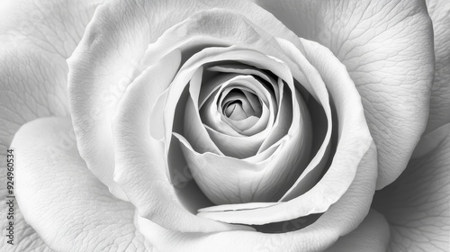 Close-up Black and White Rose Flower Photography - A close-up shot of a delicate, white rose, showcasing its intricate petals and soft textures, symbolizing beauty, purity, love, and new beginnings.