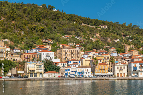 Greece Peloponnese Region Gytheio Village Colorful Houses Church and Coastline photo